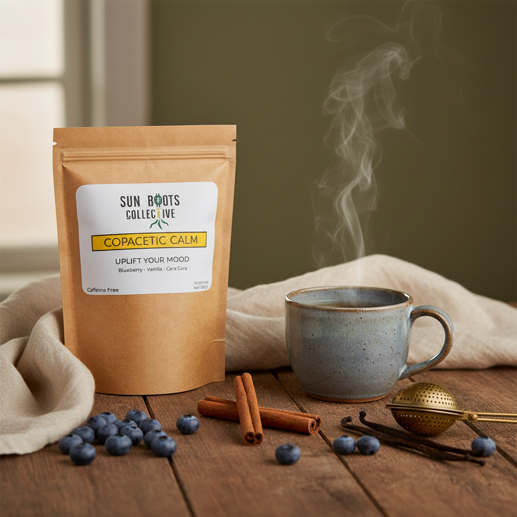 Copacetic Calm herbal tea beside a ceramic cup with blueberries, cinnamon, and vanilla