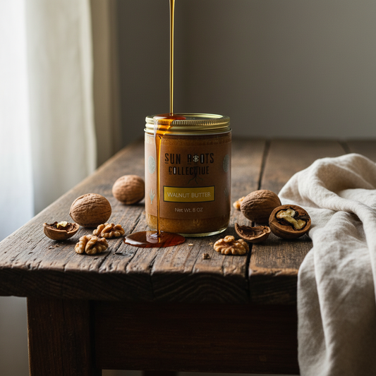 Maple walnut butter jar on a warm wooden table with walnuts and maple syrup
