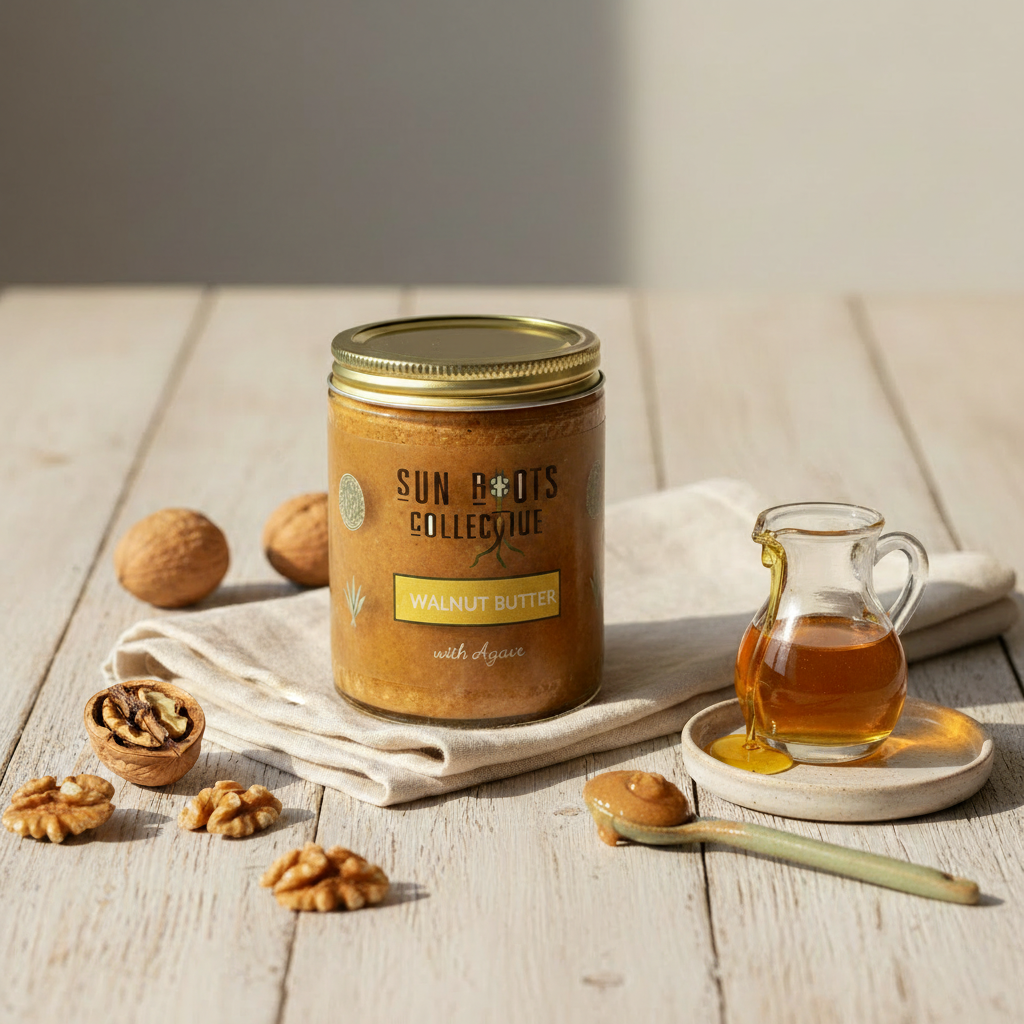 Agave walnut butter jar on a pale wooden table with walnuts and agave